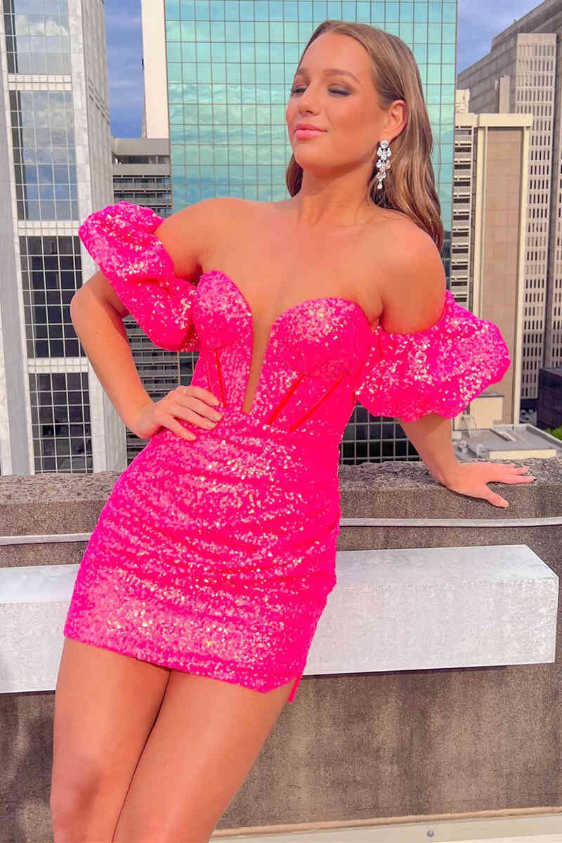 Puff Sleeves Hot Pink Homecoming Dress VMH26