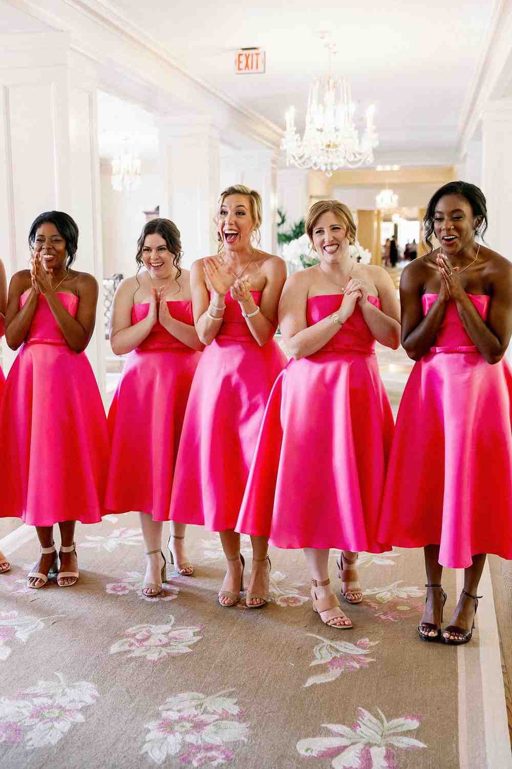 Tea Length Neon Pink Bridesmaid Dress VMB76