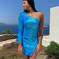 Blue Sequins One Sleeve Short Homecoming Dress VMH21