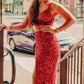 Two Piece Orange Sequins Long Prom Dress VMP94