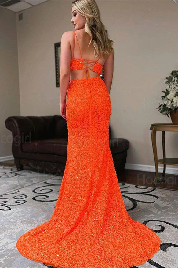 Two Piece Orange Sequins Long Prom Dress VMP94