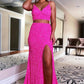 Two Piece Orange Sequins Long Prom Dress VMP94