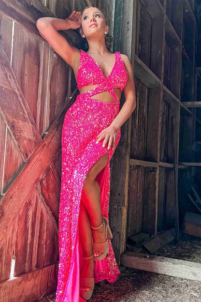 Hot Pink Sequined Prom Dress With Slit VMP110