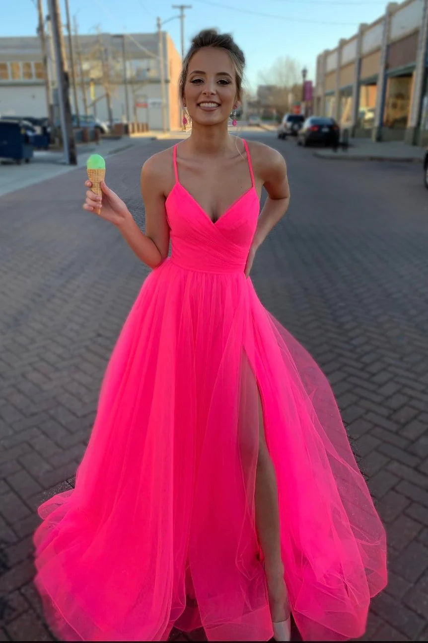 Hot Pink Long Prom Dress With Lace Up Back VMP98