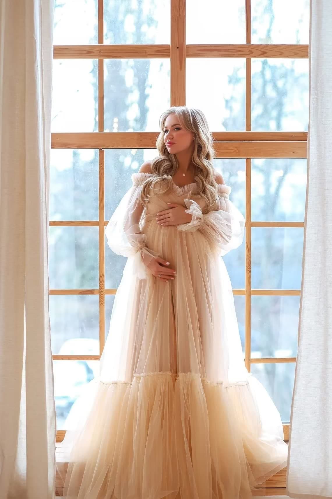 champagne maternity photoshoot dress