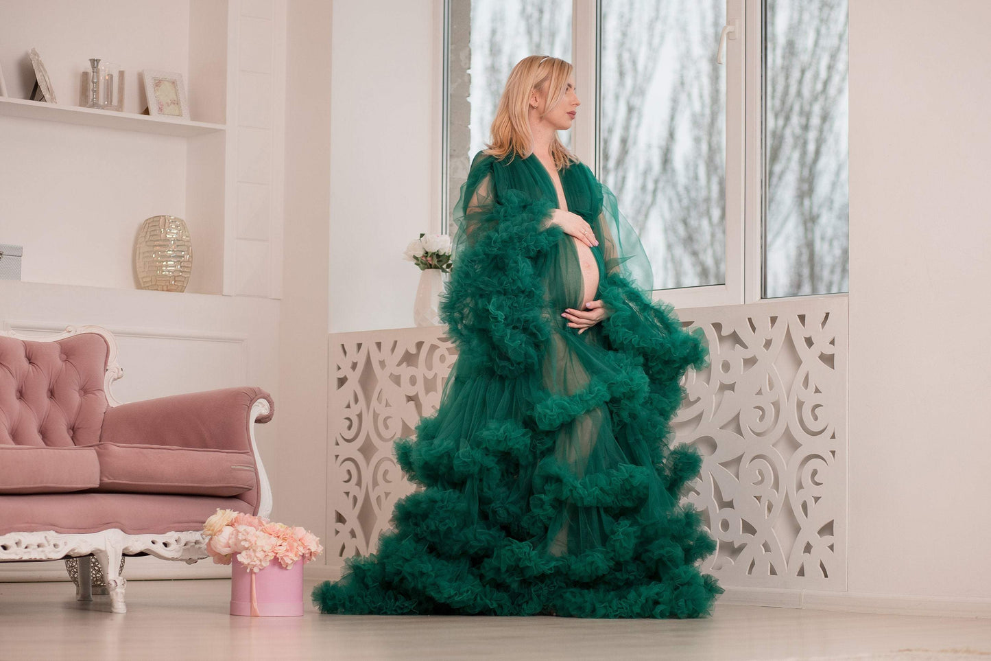 Emerald Green Ruffled Maternity Robe VMR25