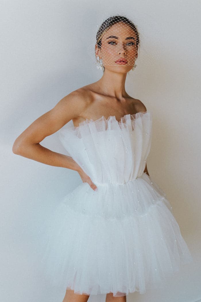 Strapless Prom Dress Pearled Mini Dress VMH5